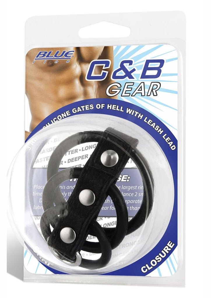 Blue Line C and B Gear 3 Ring Silicone Gates Of Hell with Leash Lead - Black