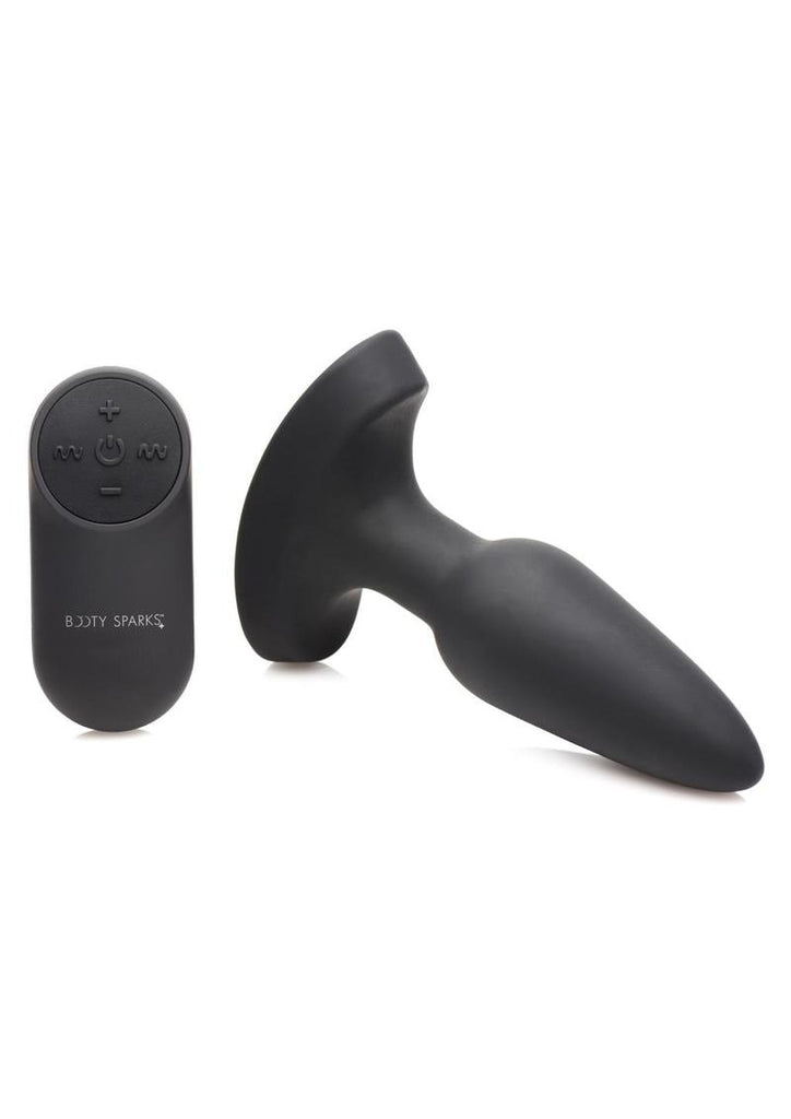 Booty Sparks Laser Heart Rechargeable Silicone Anal Plug with Remote Control - Small - Black with Red Lights - Black