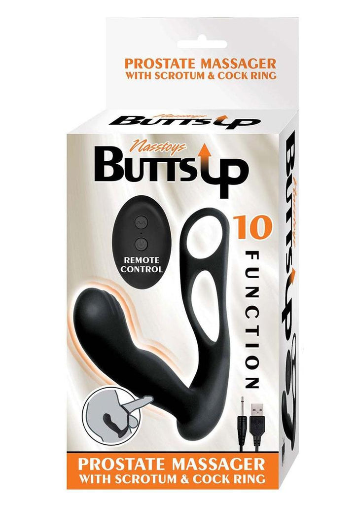 Butts Up Rechargeable Silicone Prostate Massager with Scrotum and Cock Ring - Black