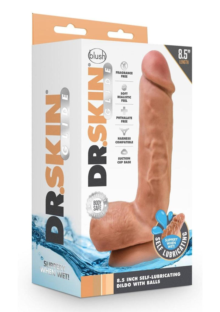 Dr. Skin Glide Self Lubricating Dildo with Balls - Caramel - 8.5in