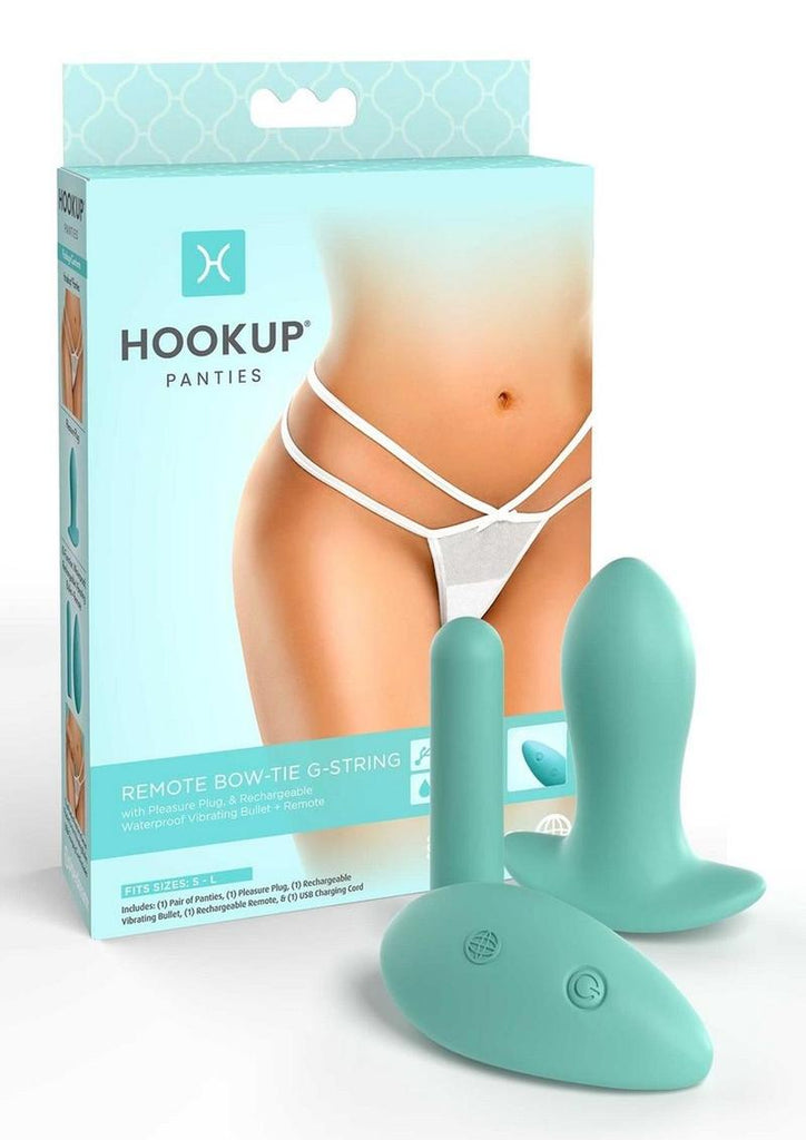 Hookup Panties Silicone Rechargeable Bowtie G-String Panty Vibe with Remote Control - Sm - Blue/White - One Size