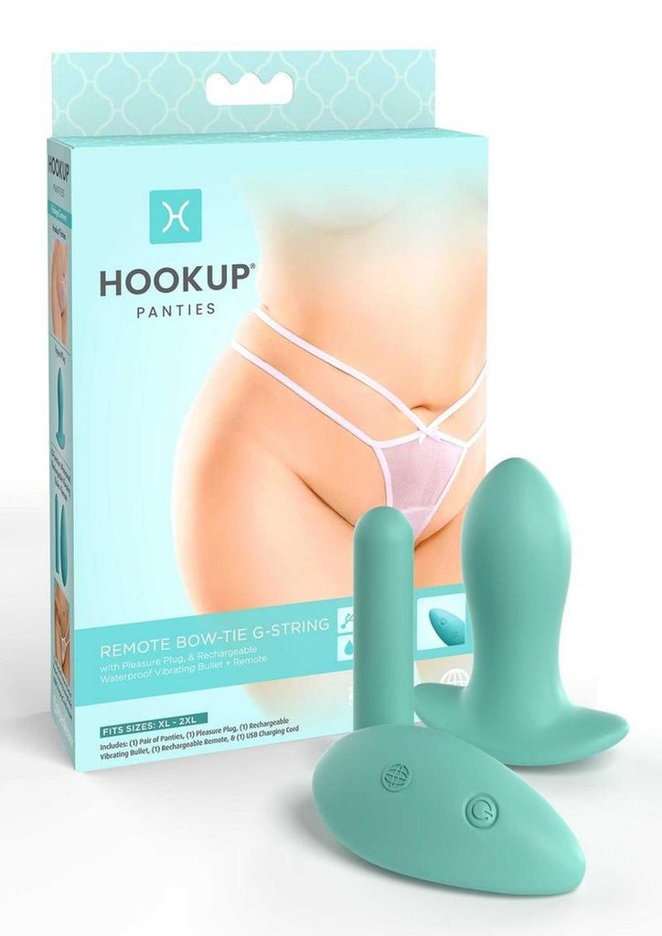 Hookup Panties Silicone Rechargeable Bowtie G-String Panty Vibe with Remote Control - Blue/White - Queen/XLarge/XXLarge