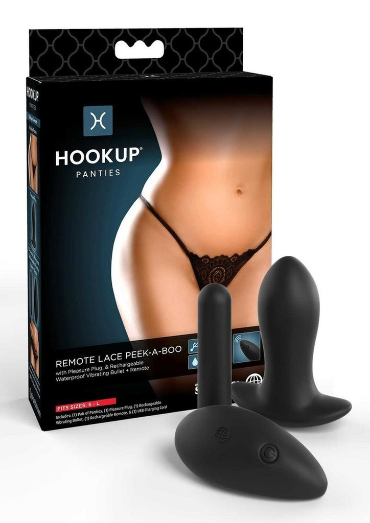 Hookup Panties Silicone Rechargeable Lace Peek-A-Boo Panty Vibe with Remote Control- Sm - Black - One Size