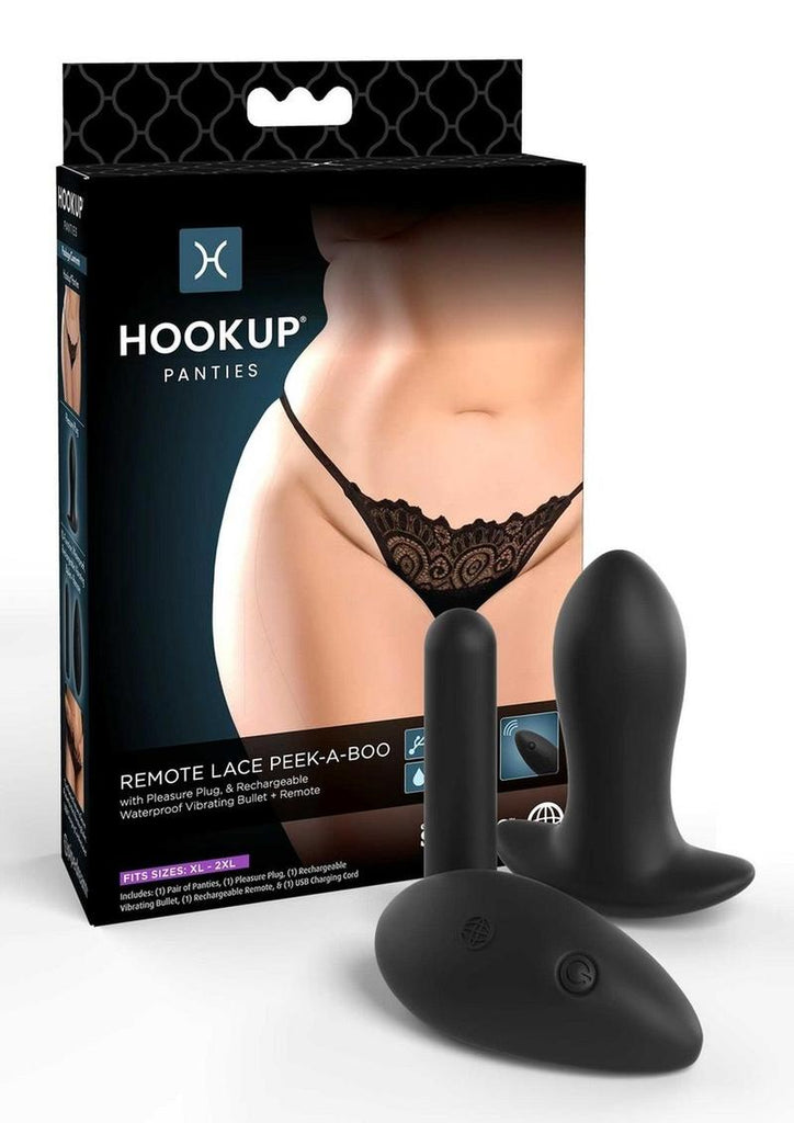 Hookup Panties Silicone Rechargeable Lace Peek-A-Boo Panty Vibe with Remote Control - Black - Queen/XLarge/XXLarge