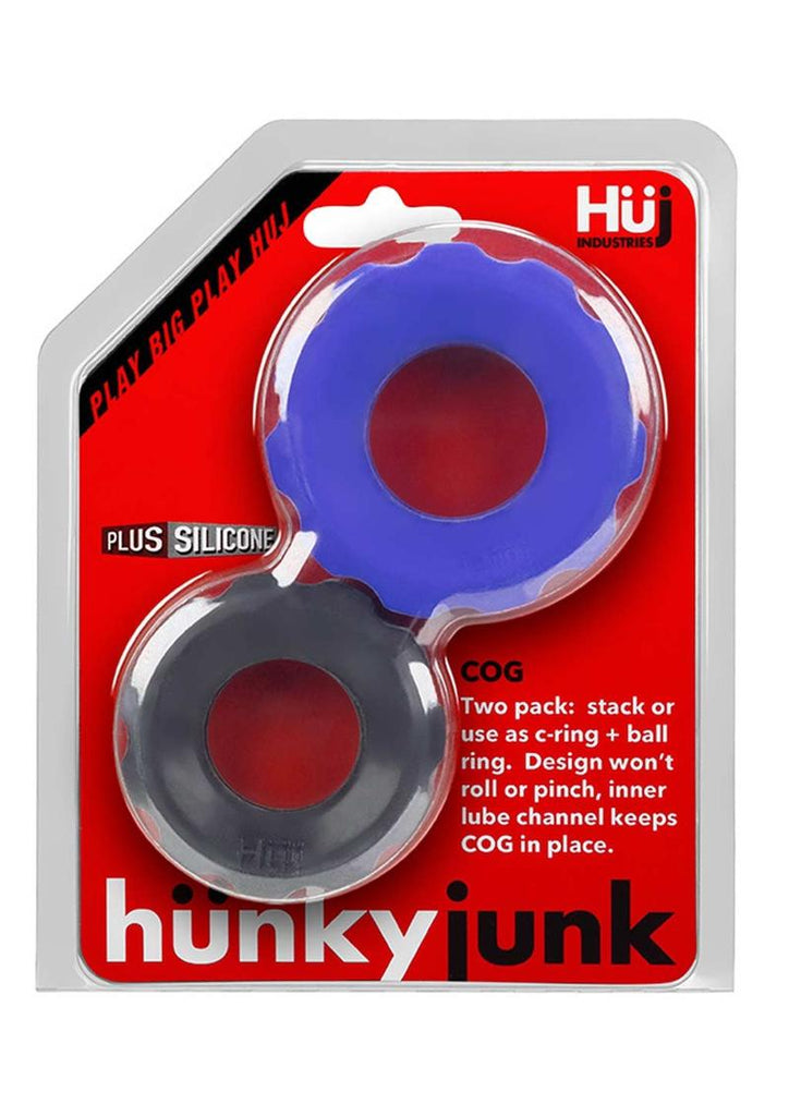 Hunkyjunk Cog Silicone Cock Ring - Assorted Colors/Black/Blue - 2 Pack