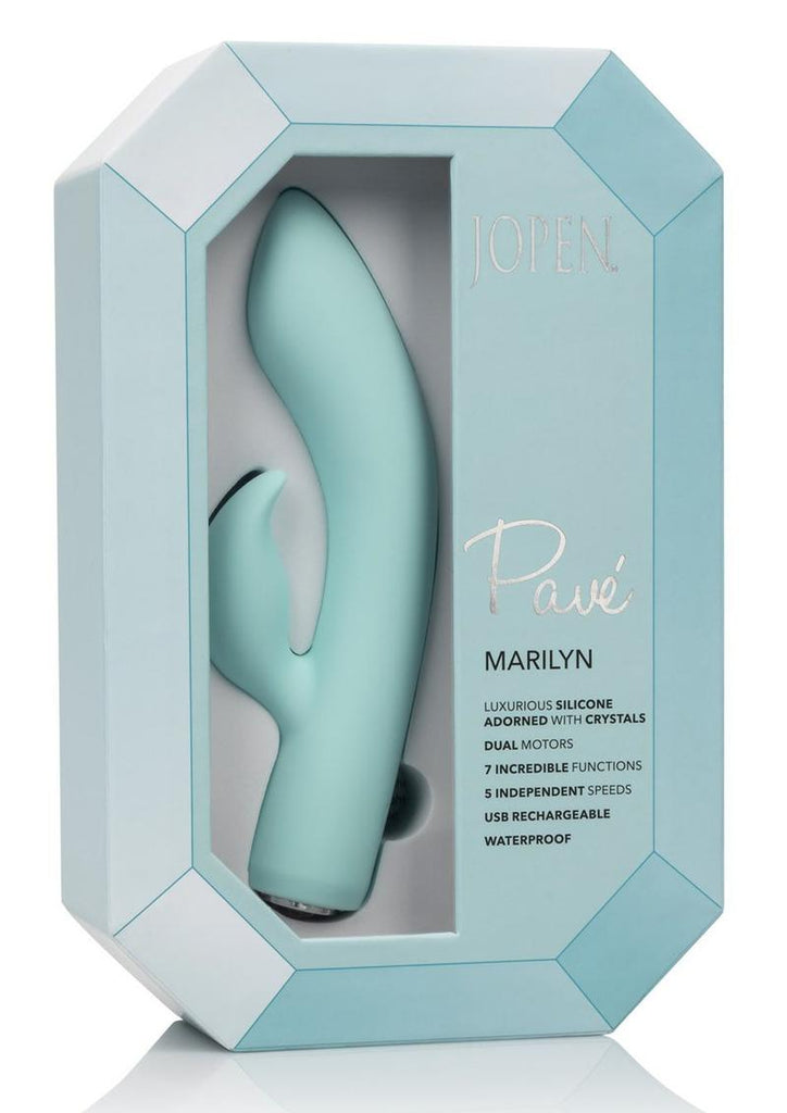 Jopen Pave Marilyn Rechargeable Silicone Curved Rabbit Vibrator with Crystals - Blue/Teal