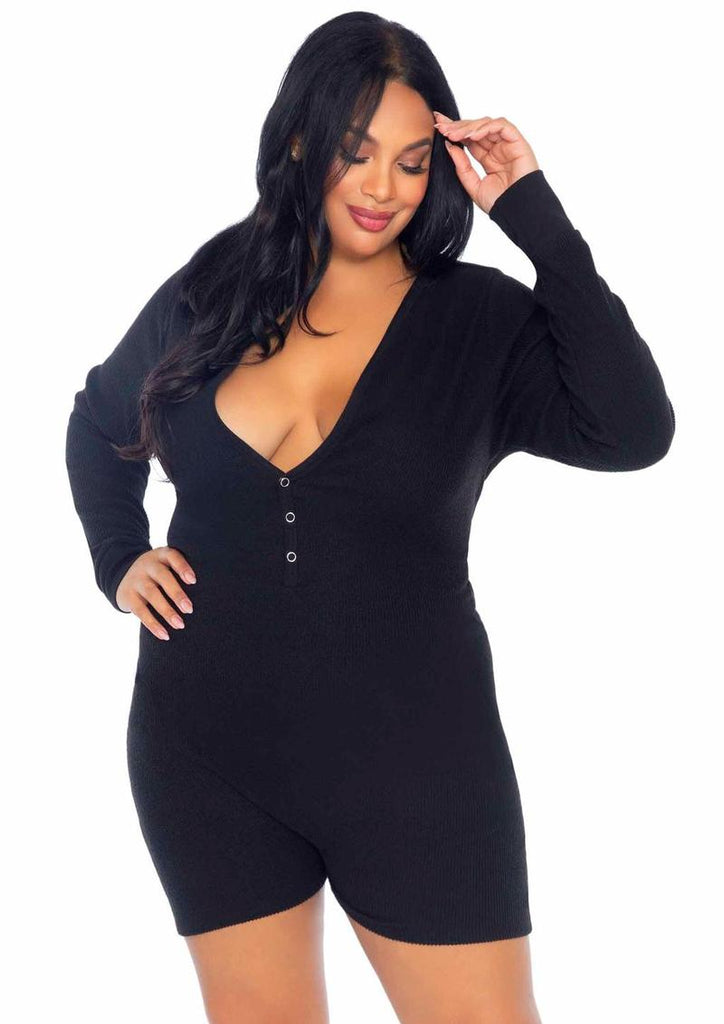 Leg Avenue Brushed Rib Romper Long Johns with Cheeky Snap Closure Back Flap - Black - Queen/XLarge/XXLarge