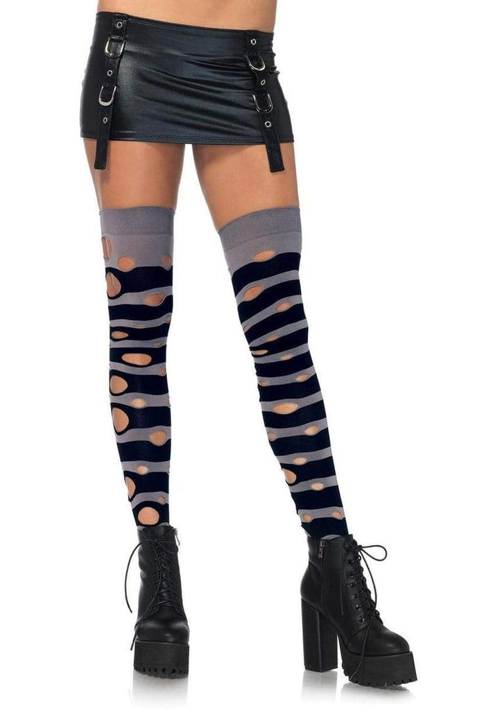 Leg Avenue Distressed Opaque Striped Thigh High - Black/Grey