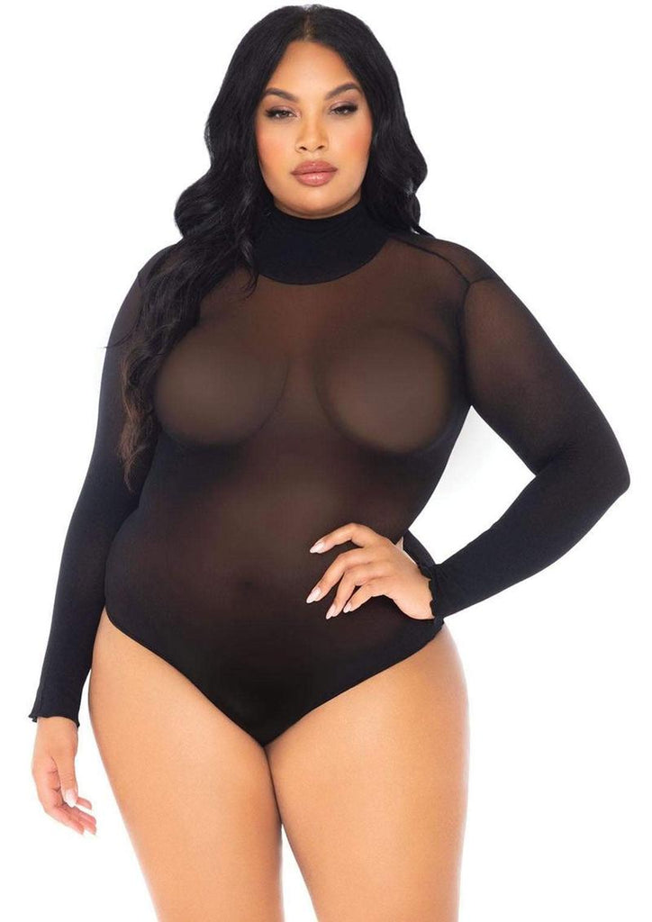 Leg Avenue Opaque High Neck Long Sleeved Bodysuit with Snap Crotch - Black - Queen/XLarge/XXLarge