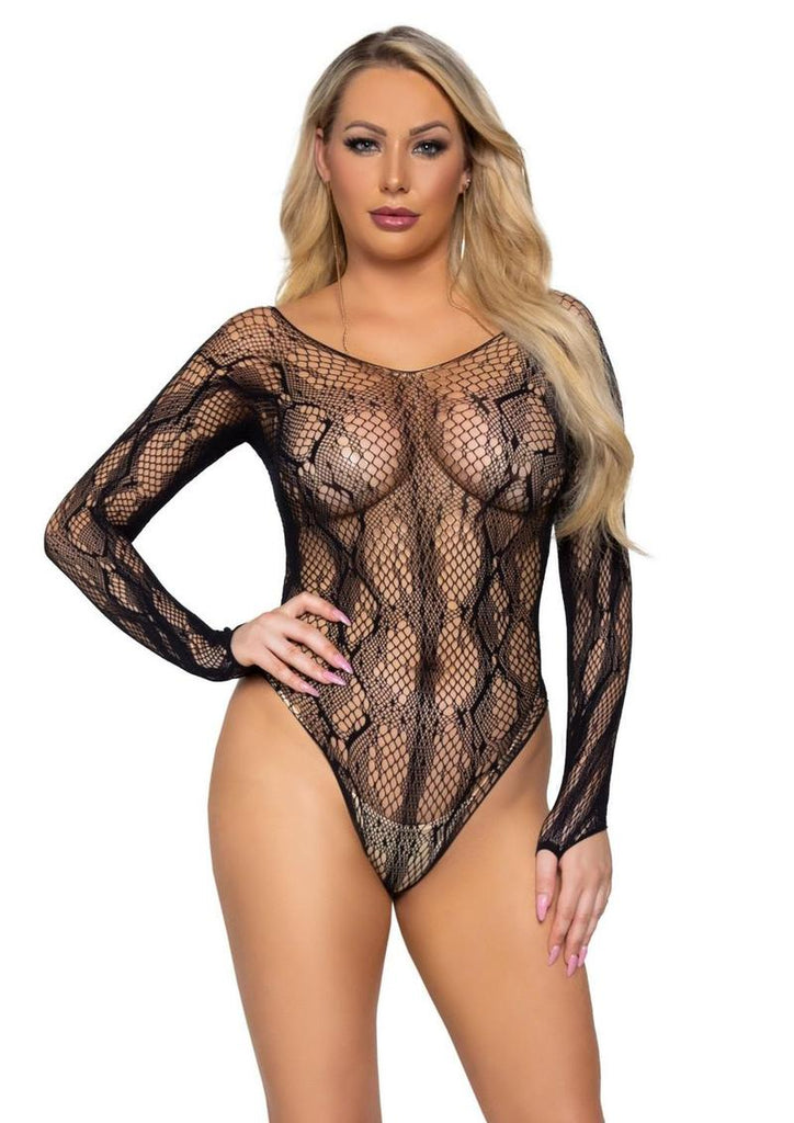 Leg Avenue Python Net Long Sleeved Bodysuit - Black - One Size