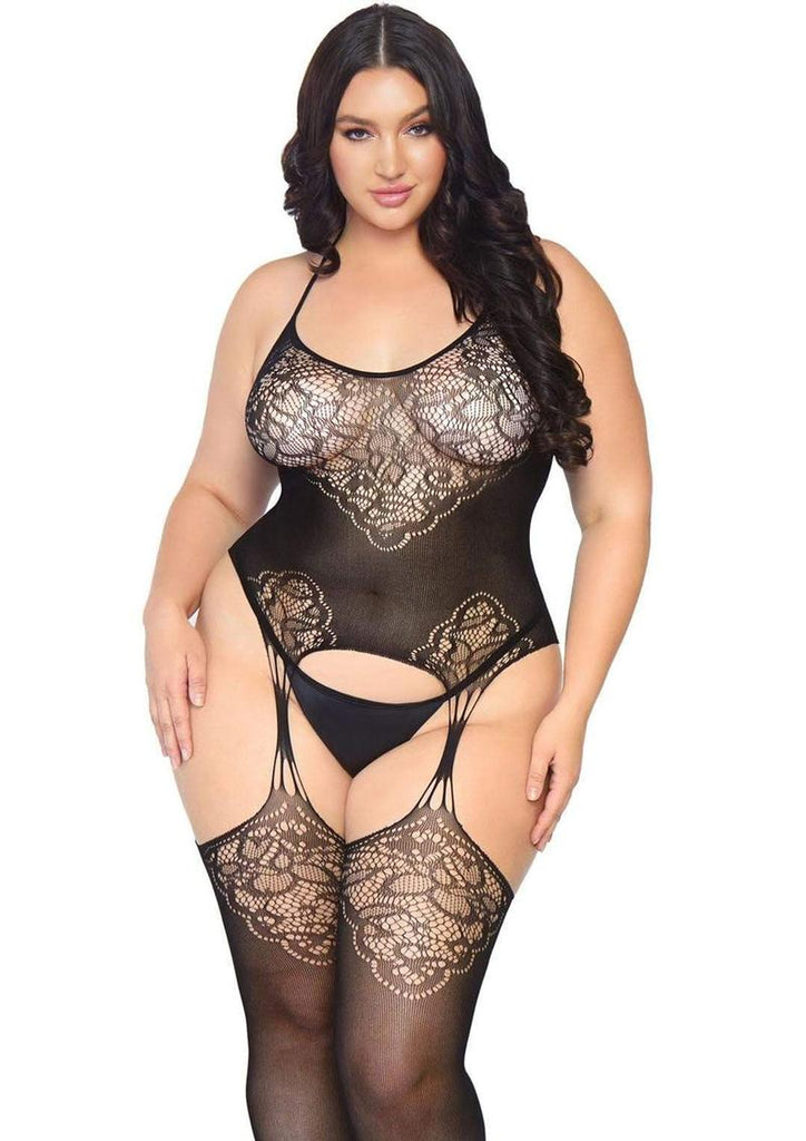 Leg Avenue Seamless Jacquard Lace Suspender Bodystocking - Black - Queen/XLarge/XXLarge