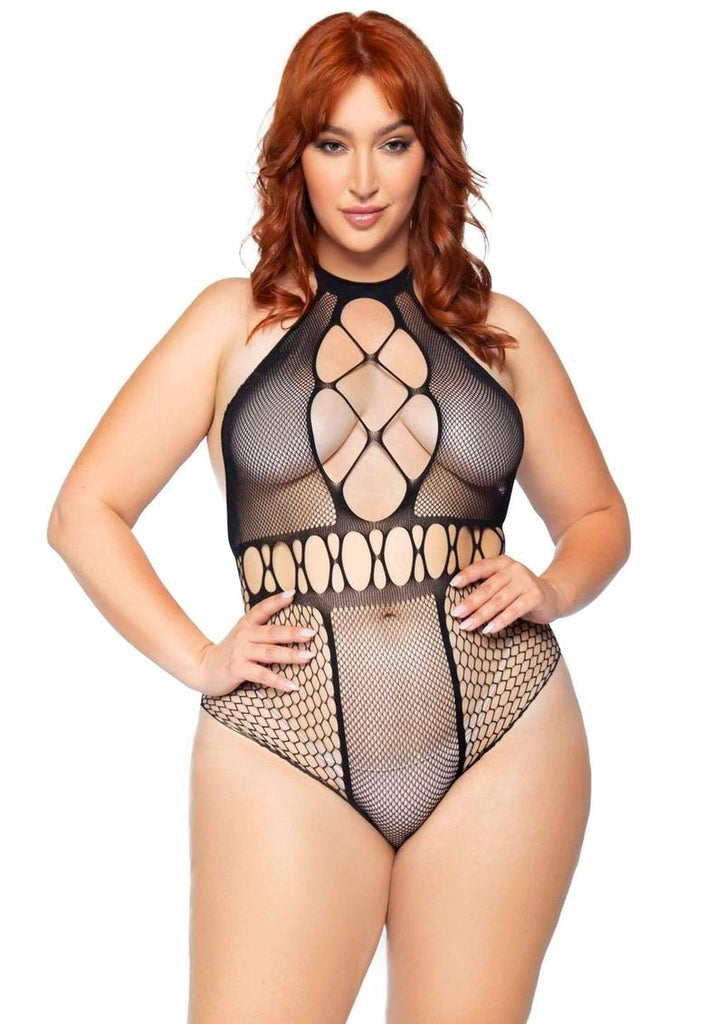 Leg Avenue Seamless Multi Net Bodysuit with T-Strap Halter and Cheeky Cut Bottom - Black - Queen/XLarge/XXLarge