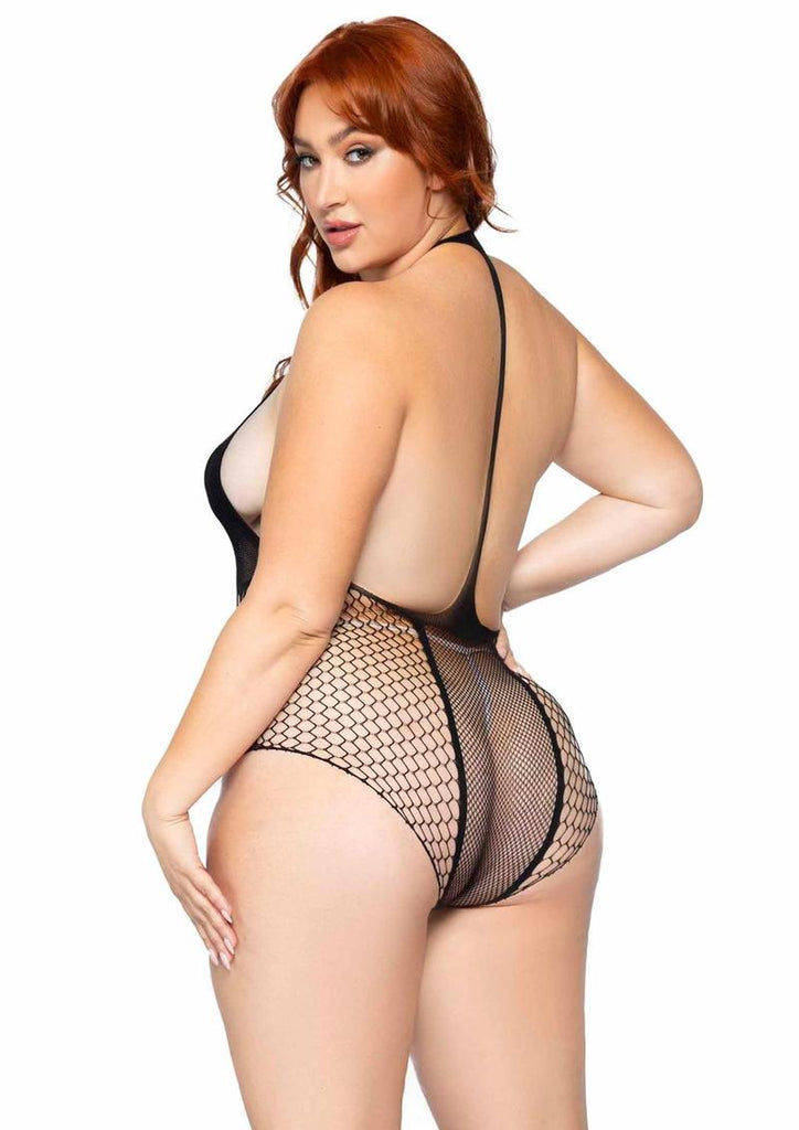 Leg Avenue Seamless Multi Net Bodysuit with T-Strap Halter and Cheeky Cut Bottom - Black - Queen/XLarge/XXLarge