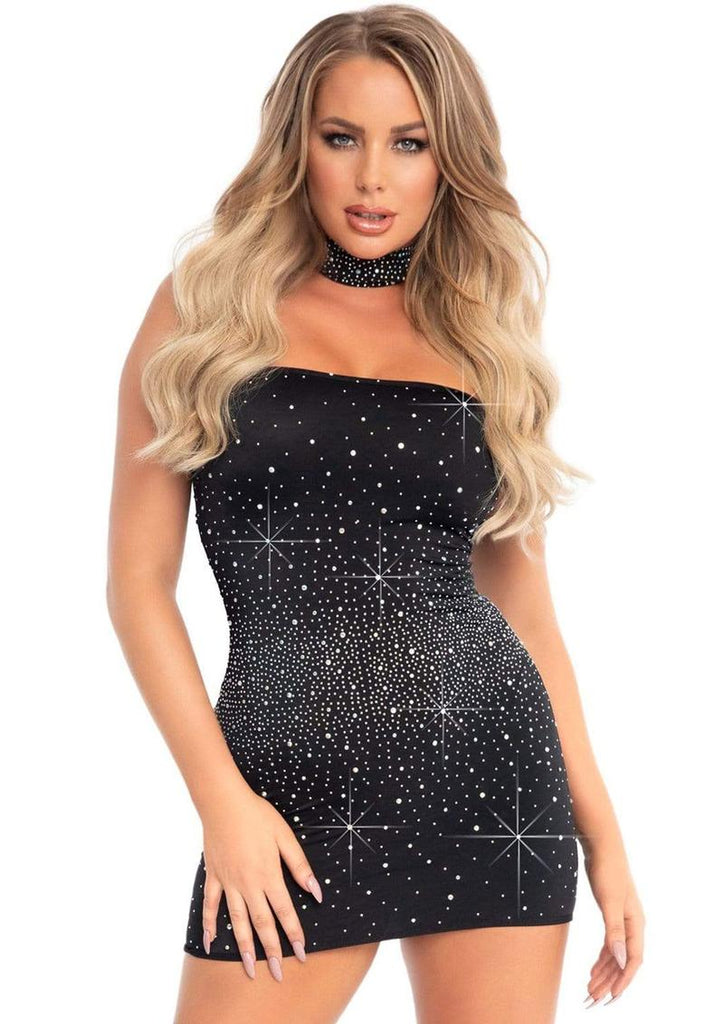 Leg Avenue Spandex Opaque Rhinestone Tube Dress and Matching Choker - Black - Large