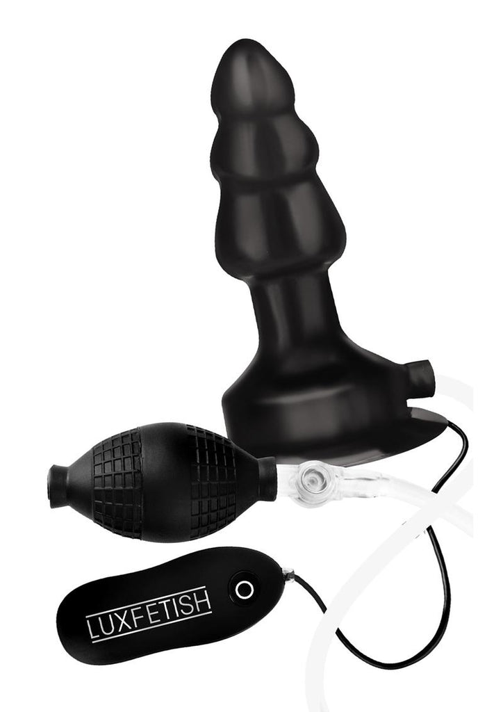 Lux Fetish Inflatable Vibrating Butt Plug with Suction Base and Remote Control - Black - 4in