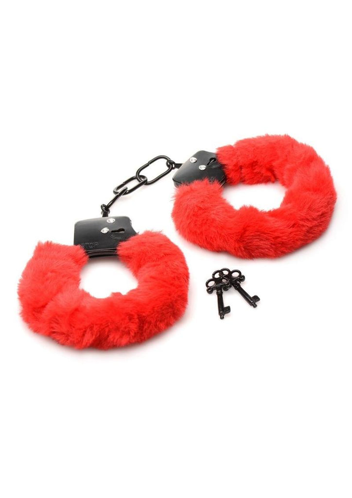 Master Series Cuffed In Fur Furry Handcuffs - Red