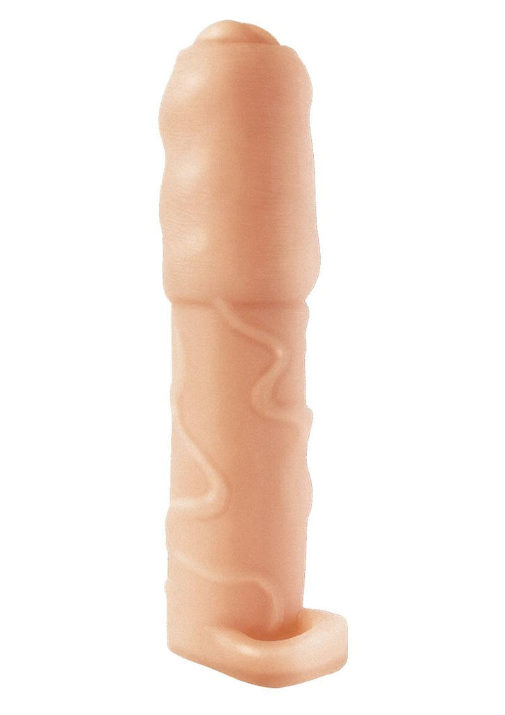 Natural Realskin Vibrating Uncircumcised Penis Extender with Scrotum Ring - Flesh/Vanilla