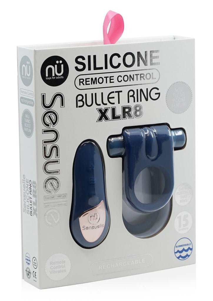 Nu Sensuelle Silicone Bullet Ring Xlr8 Rechargeable Vibrating Cock Ring with Remote Control - Blue/Navy Blue