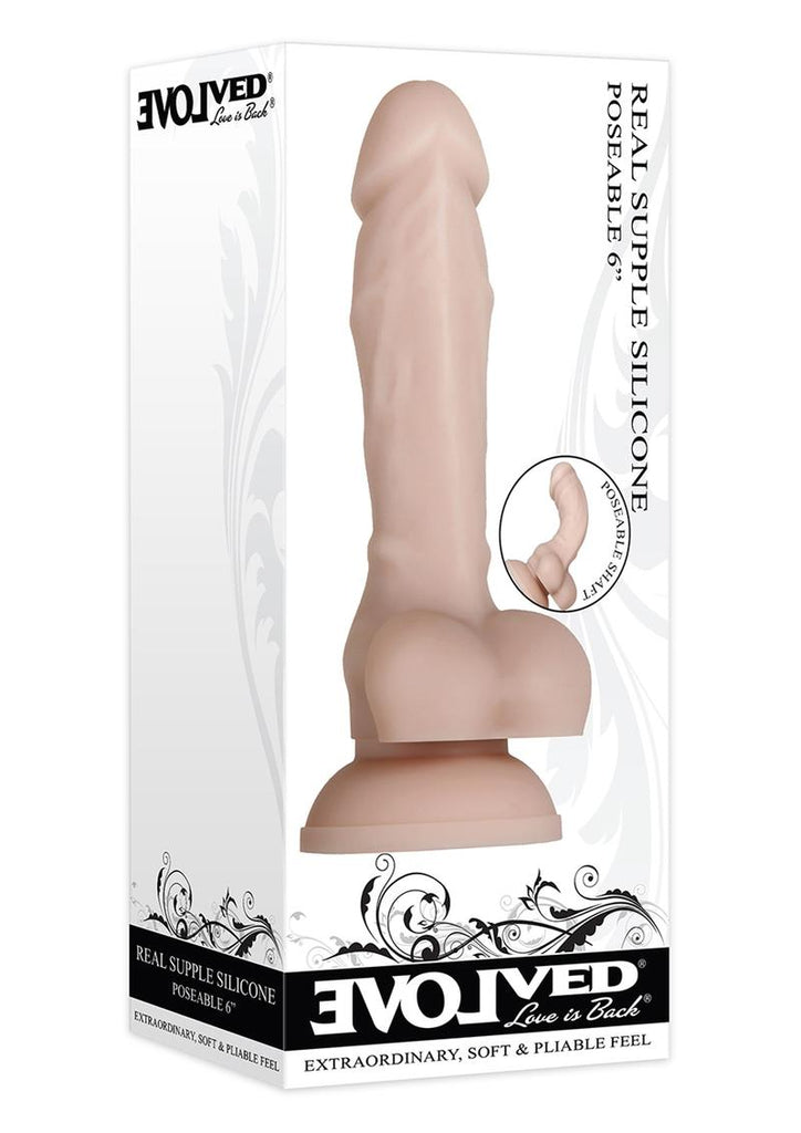 Real Supple Poseable Silicone Dildo with Balls - Flesh/Vanilla - 6in