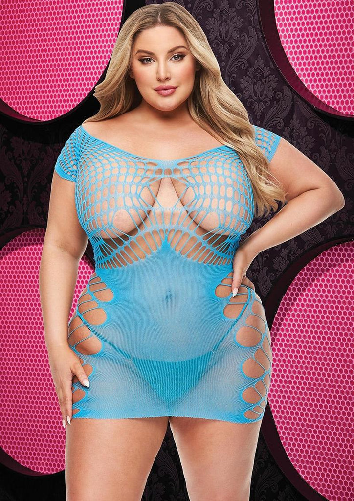 Sexy Fishnet and Lace Halter Dress - Blue/Neon Blue - Queen/XLarge