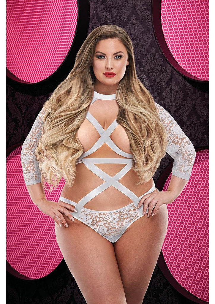 Sexy Strappy Long Sleeve Bodysuit - White - Queen